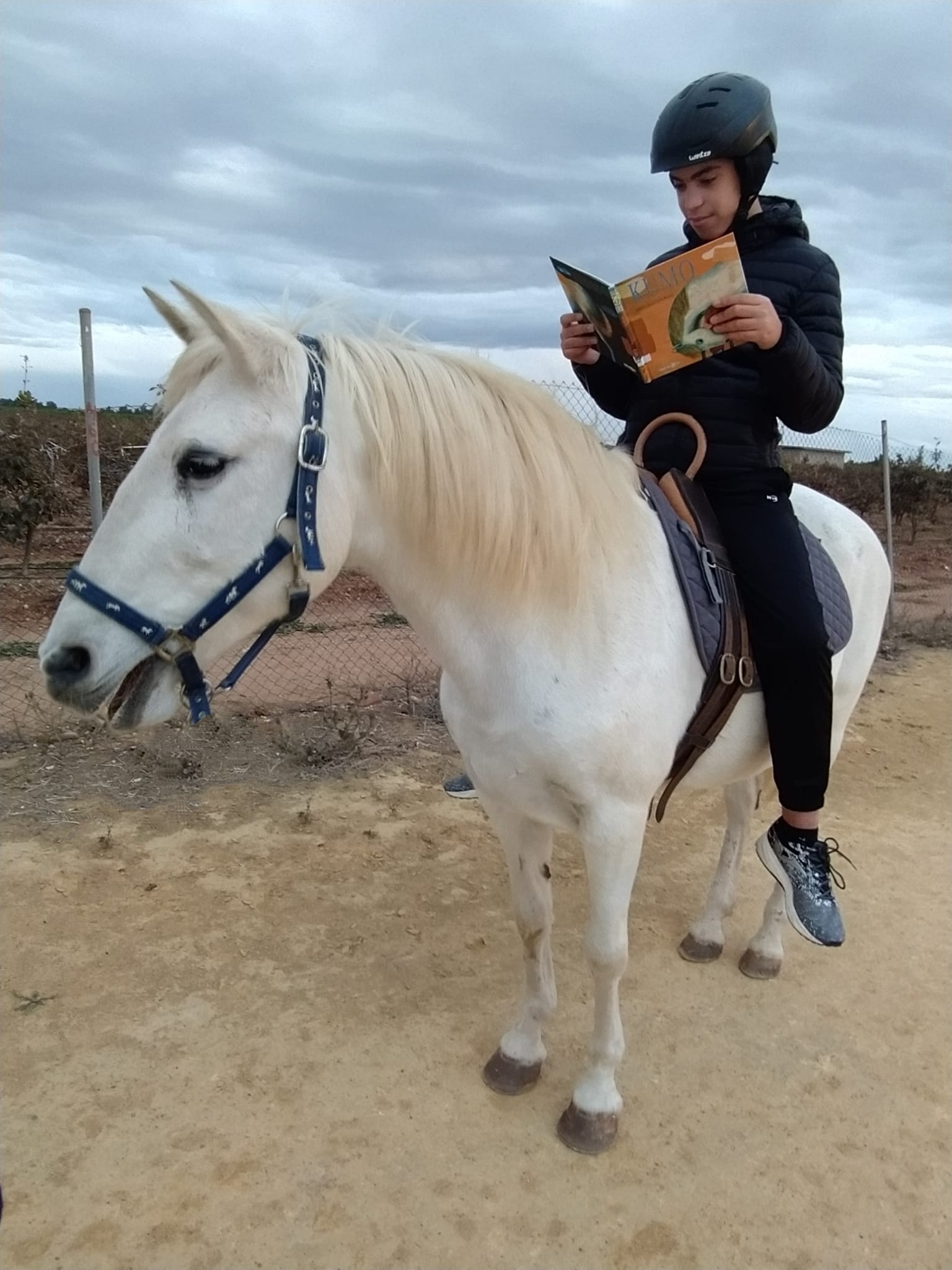 niño subido a un caballo leyendo el cuento Kumo de la fundación